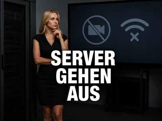 Blonde Frau im Serverraum vor einem Bildschirm mit durchgestrichenem Videokonferenz-Symbol als Symbol für abgeschaltete Conferencing-Server
