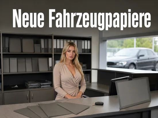 Schalter einer Zulassungsstelle mit Autoschluessel und grauen Dokumentenmappen