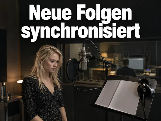 Frau vor einem Studiomikrofon in einer Synchronkabine