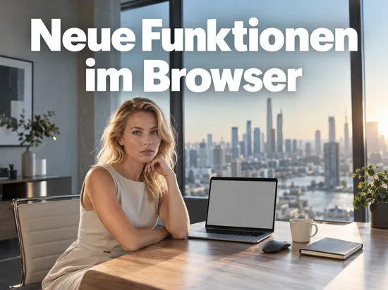 Frau im Kleid sitzt an einem Schreibtisch mit Laptop vor einer Fensterfront