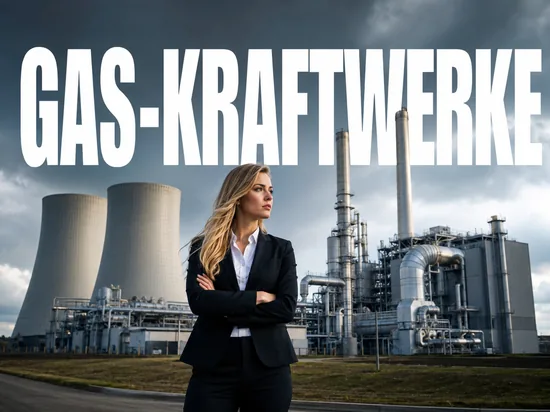 Blonde Geschaeftsfrau vor einem Gaskraftwerk, Symbolbild neue Gaskraftwerke