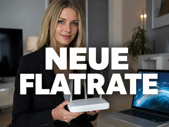 Geschäftsfrau mit WLAN-Router und Laptop, Symbolbild für die neue Internet-Flatrate für ISDN- und Analognutzer