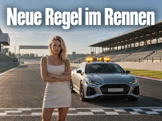 Frau steht auf der Start-und-Ziel-Geraden vor einem Sicherheitsfahrzeug