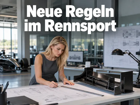 Frau arbeitet an technischen Zeichnungen neben einem Karbon-Frontflügel