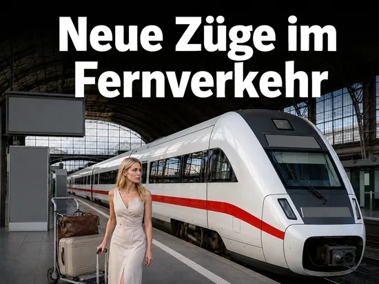 Moderner Fernzug am Bahnsteig einer grossen Bahnhofshalle