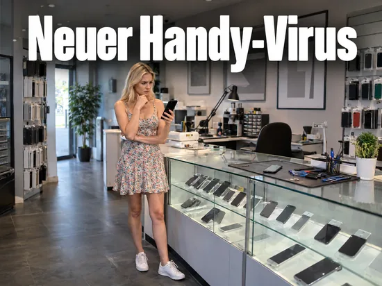Frau blickt in einem Handy-Reparaturladen ratlos auf ihr Smartphone