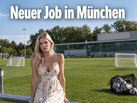 Frau im Kleid sitzt an einem Trainingsplatz mit Jugendtoren und einem Ballnetz