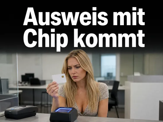 Frau haelt eine Chipkarte am Amtsschalter neben einem Fingerabdruck-Scanner, Schriftzug Ausweis mit Chip kommt