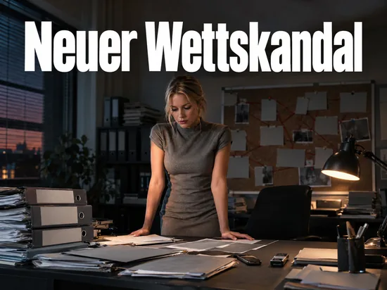 Ermittlungsbüro mit Aktenstapeln und Pinnwand, eine Frau steht am Schreibtisch
