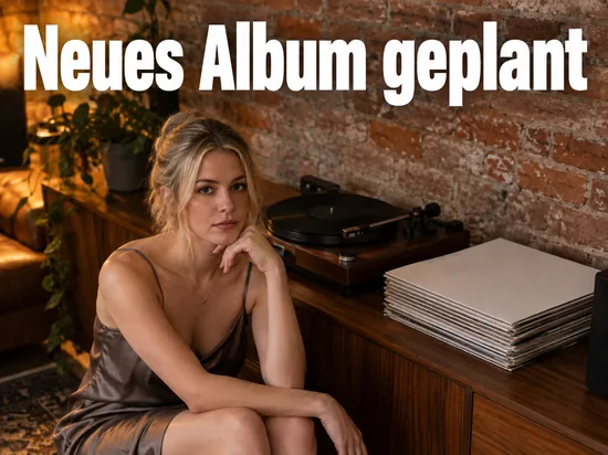 Frau sitzt neben einem Plattenspieler und einem Stapel Schallplatten