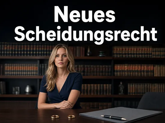 Zwei getrennte Eheringe auf einem Tisch neben einem Aktendeckel in einer Kanzlei
