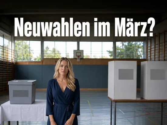 Frau steht in einem Wahllokal neben einer Wahlurne und zwei Wahlkabinen