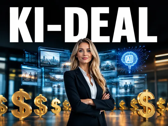 Blonde Geschaeftsfrau vor Nachrichten- und KI-Symbolen, Symbolbild KI-Deal