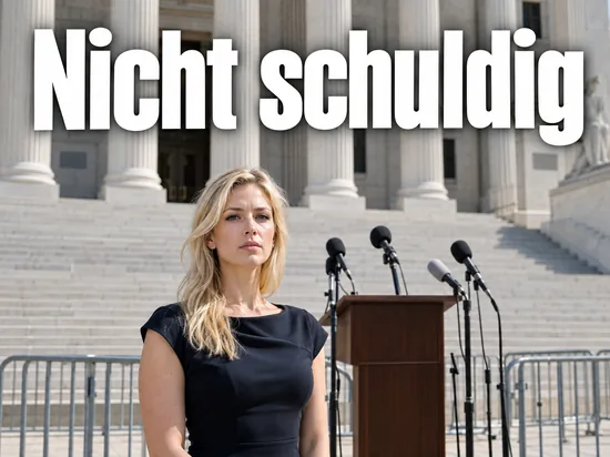Frau im Kleid steht vor der Treppe eines Gerichtsgebaeudes neben Mikrofonen und einem Rednerpult