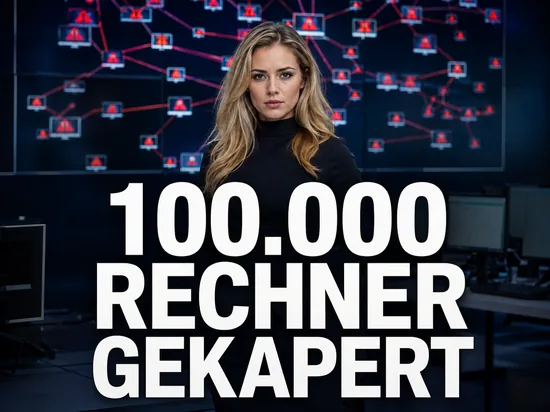 Blonde Geschaeftsfrau vor Bildschirmwand mit vernetzten Rechnersymbolen und roten Virus-Warnzeichen, Schriftzug 100.000 Rechner gekapert