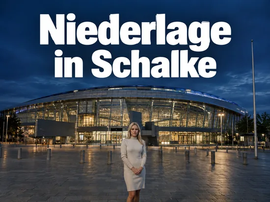 Modernes Stadion bei Abendlicht von aussen, eine Frau steht auf dem Vorplatz
