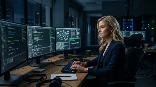 Hackerin sitzt vor einem Laptop mit Programmiercode auf dem Bildschirm