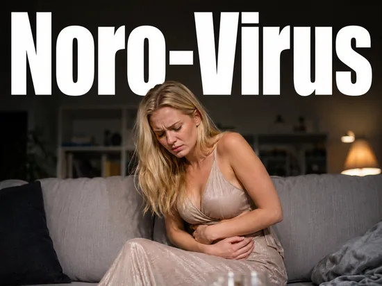 Junge blonde Frau haelt sich mit gequaeltem Gesichtsausdruck den schmerzenden Bauch als Symbol fuer das Noro-Virus