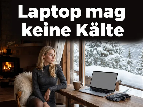 Blonde Frau am Fenster einer Hütte mit Blick auf verschneite Landschaft, auf dem Tisch ein Laptop mit leerem Bildschirm