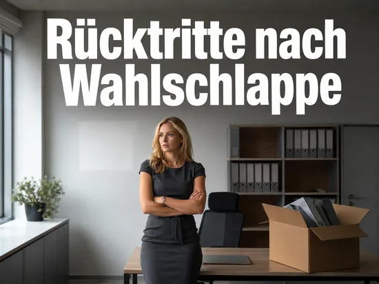 Frau steht in einem ausgeraeumten Buero neben einem Umzugskarton mit Aktenordnern
