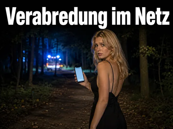 Frau nachts an einem Waldweg mit Smartphone und Rettungswagen im Hintergrund: Verabredung aus dem Internet endet mit schwerer Tat