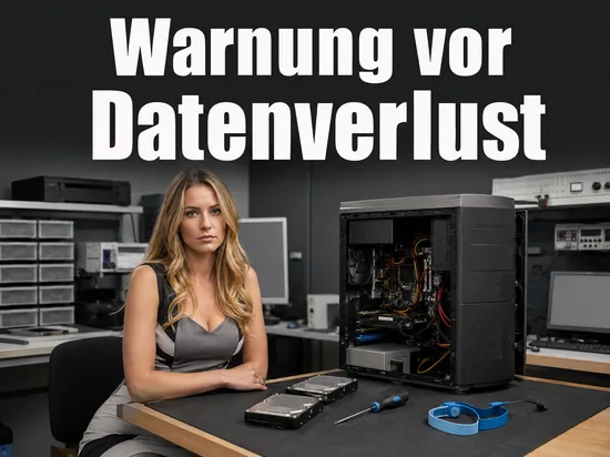 Blonde Frau an einer Werkbank mit geöffnetem Computergehäuse, zwei ausgebauten Festplatten und Werkzeug