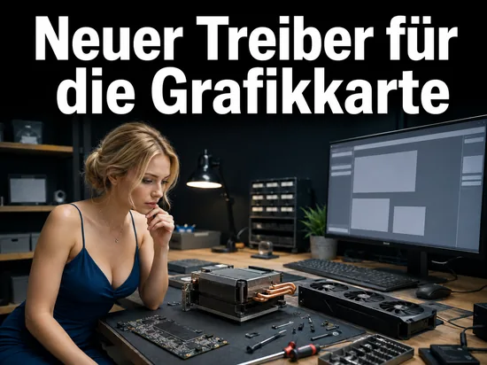 Ausgebaute Grafikkarte auf einem Werkstatttisch neben einem Monitor als Symbol fuer ein neues Treiber-Update