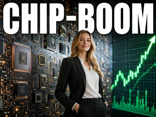 Blonde Geschaeftsfrau vor Computerchips und steigendem Kurs, Symbolbild Chip-Boom