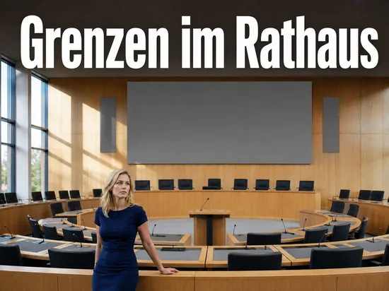 Frau in einem leeren Ratssaal mit Sitzreihen und Rednerpult