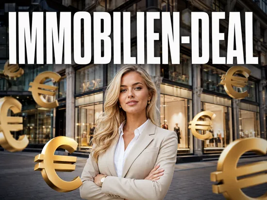 Blonde Geschaeftsfrau vor Luxus-Kaufhaus mit Euro-Symbolen, Symbolbild Immobilien-Deal