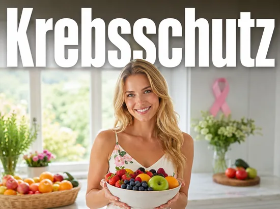 Junge blonde Frau haelt laechelnd eine Schale mit frischem buntem Obst als Symbol fuer den Schutz vor Krebs