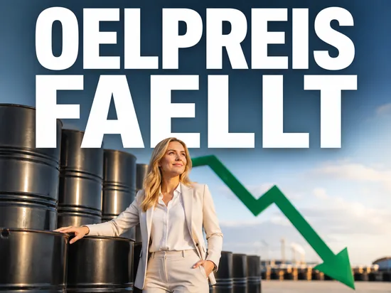 Ölpreis fällt entgegen den Erwartungen, erleichterte Geschäftsfrau vor Ölfässern mit grünem Abwärtspfeil