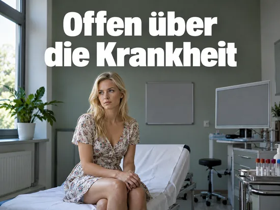Frau sitzt auf der Liege in einem Arztzimmer