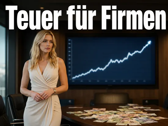Geschaeftsfrau im Konferenzraum vor einem steigenden Kostendiagramm und Geldscheinen als Symbol fuer die hohen Kosten von Office 2003 fuer Firmen