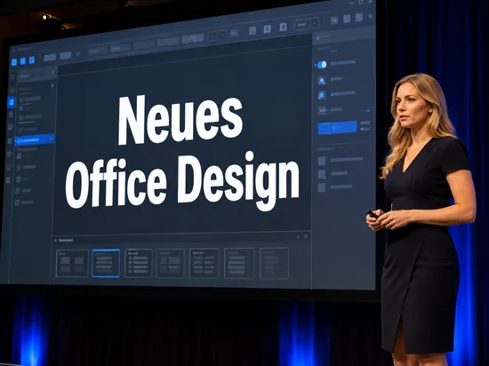 Geschaeftsfrau auf einer Buehne neben einer Praesentationsleinwand mit neuer Programmoberflaeche und grafischen Symbolleisten als Symbol fuer die Vorstellung einer neuen Buerosoftware