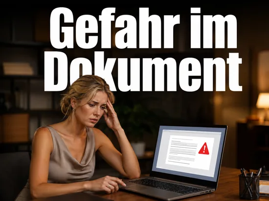 Besorgte Geschaeftsfrau vor einem Notebook mit Textdokument und rotem Warnsymbol als Symbol fuer den Systemfehler in aelteren Office-Versionen