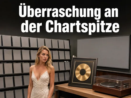 Frau in einem Musikladen neben goldener Schallplatte im Rahmen und Plattenspieler, Schriftzug Überraschung an der Chartspitze