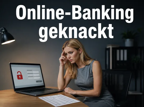 Frau am Laptop vor einer Online-Banking-Maske mit aufgebrochenem Schloss: Sicherheitsluecke beim Online-Banking