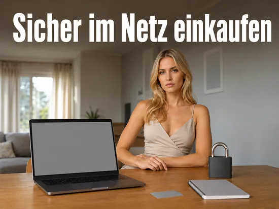 Frau am Laptop mit Vorhängeschloss als Symbol für sicheres Einkaufen im Internet