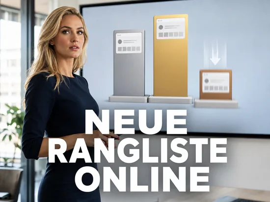 Blonde Geschäftsfrau vor einem Bildschirm mit Siegertreppchen aus Webseiten-Fenstern als Symbol für die neue Rangliste der Online-Portale