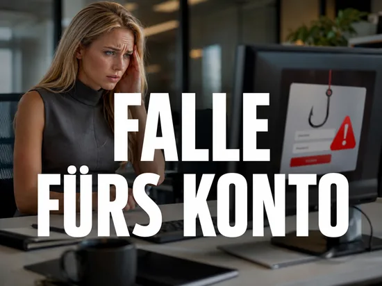 Blonde Frau blickt besorgt auf Monitor mit gefaelschter Bank-Anmeldeseite, Angelhaken und Warndreieck, Schriftzug Falle fuers Konto