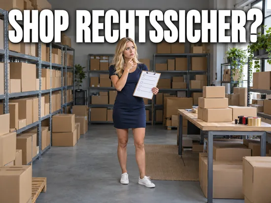 Blonde Frau mit Checkliste im Versandlager eines Onlineshops, darüber der Schriftzug Shop rechtssicher