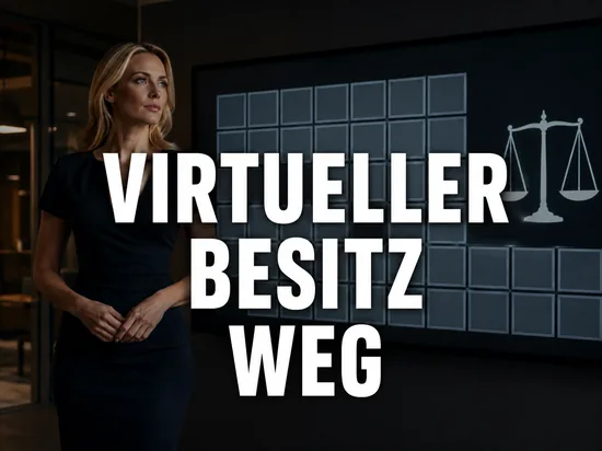 Blonde Geschäftsfrau vor einem Bildschirm mit leerem Inventar-Raster und Justizwaage als Symbol für den Rechtsstreit um gestohlene virtuelle Gegenstände