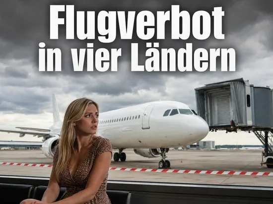 Frau am Terminalfenster vor einem Flugzeug ohne Logo, Schriftzug Flugverbot in vier Laendern