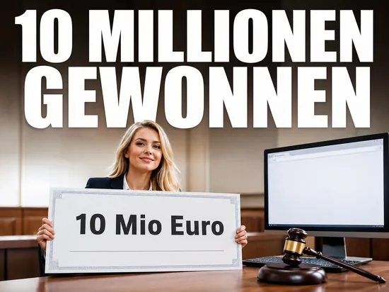 Browser-Hersteller erhält zehn Millionen Euro Schadensersatz, zufriedene Geschäftsfrau mit großem Scheck über 10 Mio Euro und Richterhammer
