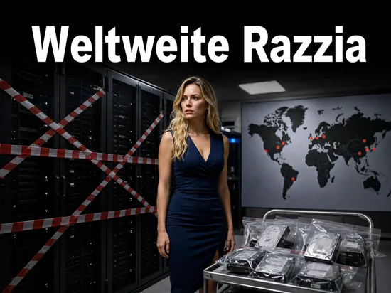 Frau in einem abgesperrten Serverraum mit beschlagnahmten Festplatten und Weltkarte: weltweite Razzia gegen Warez-Gruppen