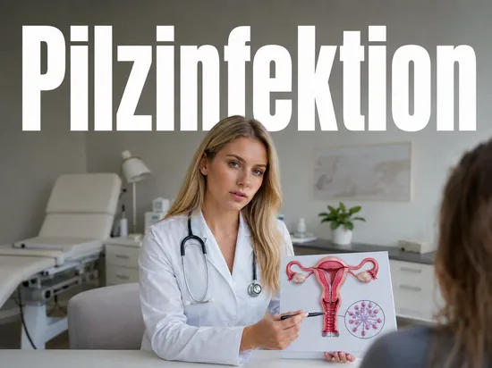 Junge blonde Frauenaerztin erklaert einer Patientin anhand eines Diagramms eine Pilzinfektion