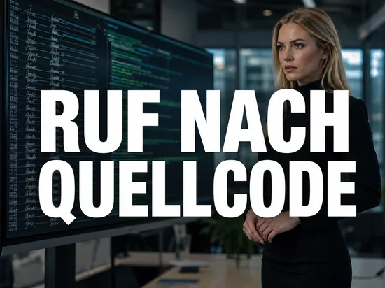Blonde Geschaeftsfrau vor Bildschirm mit Unterschriftenliste und Programmcode, Schriftzug Ruf nach Quellcode