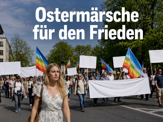Frau in einem Demonstrationszug mit leeren Transparenten und Friedensfahnen, Schriftzug Ostermaersche fuer den Frieden