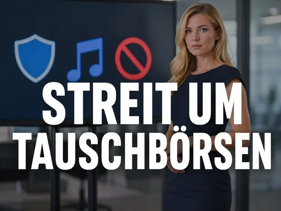 Geschaeftsfrau vor Bildschirm mit Schutzschild, Musiknote und Verbotssymbol als Symbol fuer den Streit um Tauschboersen